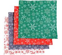 Qpout 4 pcs Christmas Cotton Linen Fabric Patchwork, 50x50 cm Four-colour Snowflake Pattern Xmas Quilting Craft Fabric Bundles, Snowflake Christmas Squares Patchwork for DIY Sewing
