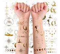 Qpout 8 Fogli Oro Metallico Tatuaggi Temporanei 53 Pz Abbronzatura Farfalla Stella Luna Rosa Design Body Art Viso Tatuaggio Adesivi Realistico Oro Glitter Viso Tatuaggi Temporanei per Ragazze