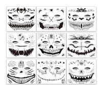 Qpout 9 Fogli Spaventosi Halloween Viso Tatuaggi Temporanei Per Donne Uomini, Orrore Grande Bocca Ferita Cicatrici Punti Tatuaggi Decalcomanie, Ragnatela Pipistrello Giorno Della Strega Morta