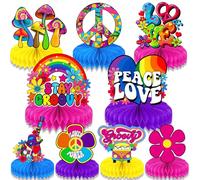 Qpout 9 pezzi Groovy Hippie Boho Party Centrotavola a nido d'ape Tie Dye Party Table Topper Honeycomb Hippy Retro Flower Rainbow Daisy Peace per 60's 70's Hippie Party Theme Table Decorations