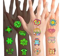 Qpout 96 pz Bagliore Nel Buio Hippie Tatuaggi Adesivi Groovy 70s 80s 90s Tatuaggi Temporanei per Bambini, Impermeabile Amore e Pace Luminoso Tatuaggi Viso Flower Power Arcobaleno Hippie Partito
