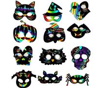 Qpout Maschere antigraffio Halloween per bambini, 24 pezzi Halloween Arcobaleno Carta da graffio, Giochi per feste di Halloween per bambini