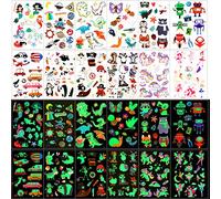 Qpout Tatuaggi temporanei per bambini, 135 tatuaggi luminosi in stile cartone animato misto, unicorno sirena farfalla animale dinosauro pirata tatuaggio, regalo decorazione festa ragazzo e ragazza