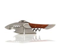 Qpractiko - Cavatappi "Shark" | Design ergonomico a forma di squalo | Spirale in acciaio inossidabile rinforzato | Lama curva per sega | Apripiatti integrati | Manico in legno nobile