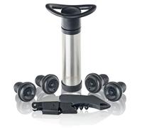 Qpractiko - Cofanetto Regalo Pratico | Pompa a Vuoto per Vino | Cavatappi Due Tempi | 4 Tappi Vino | Anello Salvagoccia | Conservazione Ottimale | Acciaio Inossidabile, Argento
