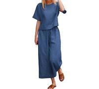 QQLADY Set di lino per donna 2 pezzi, set coordinati per salotto in lino di cotone estivo, pantaloni lunghi casual a maniche corte in 2 pezzi (Small,Navy Blue)
