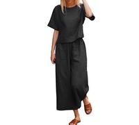 QQLADY Set di lino per donna 2 pezzi, set coordinati per salotto in lino di cotone estivo, pantaloni lunghi casual a maniche corte in 2 pezzi (XX-Large,Black)