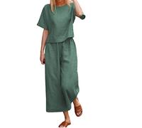 QQLADY Set di lino per donna 2 pezzi, set coordinati per salotto in lino di cotone estivo, pantaloni lunghi casual a maniche corte in 2 pezzi (XX-Large,Dark Green)