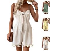 QQLADY Women's Apricot Waffle Sweet Romper with Tassels,Strap Tie Collar Ruffle Straps Flowy Short Jumpsuit with Pockets (White,L)