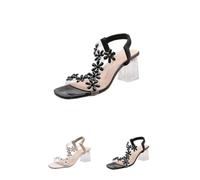 QQLADY Women's Flower Rhinestone Block Heel Sandals,Elastic Ankle Strap Square OpenToe Heels,Crystal Chunky Heel Shoes for Party (Black,38)