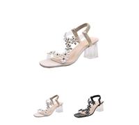 QQLADY Women's Flower Rhinestone Block Heel Sandals,Elastic Ankle Strap Square OpenToe Heels,Crystal Chunky Heel Shoes for Party (White,39)