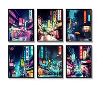 QQQDADA Set di 6 stampe artistiche da parete giapponesi al neon con illustrazione astratta, decorazione da parete con strade notturne di Tokyo, pittura artistica su tela per soggiorno e camera da