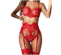 QQQQC Costumi per Adulti Intimo Sexy in Pizzo Intimo Donna Lingerie Erotica Tentazione Reggiseno Perizoma Giarrettiera Indumenti da Notte Plus Size Costume Set-Red_M