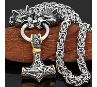 QQTQQ Collana Uomo Martello Thor, Acciaio Inossidabile retrò Vichingo, Testa di Lupo con Collana Pendente Martello Thor,Gold+silver-50cm