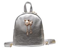QQYG Mini zaino da donna in pelle PU borsa a tracolla per ragazze e bambini multifunzionale piccolo zaino femminile da donna gatto perla zaino, argento
