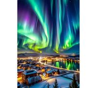QQYRHN Aurora Borealis Diamond Painting Kits for Beginners Adults,5D Town Diamond Art Kits, DIY Round Full Drill Landscape Diamond Dots Diamond Gem Art with Painting Kits for Home Wall Decor 12x16Inch