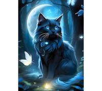 QQYRHN Black cat Diamond Painting Kits for Adults Beginners, 5D Moonnight Diamond Art Kits, DIY Round Full Drill Kitten Diamond Dots Diamond Gem Art with Painting Kits for Home Wall Decor 12x16 Inch