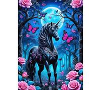 QQYRHN Black Unicorn Diamond Painting Kits for Adults Beginners, 5D Moonlight Diamond Art Kits, DIY Round Full Drill Diamond Dots Flowers Diamond Art with Painting Kits for Home Wall Decor 12x16 Inch