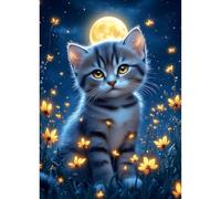 QQYRHN Cute Cat Diamond Painting Kits for Adults Beginners, 5D Wildflowers Diamond Art Kits, DIY Round Full Drill Moonnight Gem Art with Painting Kits Relaxing Craft for Home Wall Decor 12x16 Inch