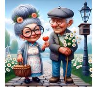 QQYRHN Elderly Lovers Diamond Painting Kits for Adults Beginners, 5D Cartoon Diamond Art Kits, DIY Round Full Drill Flowers Gem Art with Painting Kits Relaxing Craft for Home Wall Decor 12x12 Inch