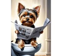 QQYRHN Yorkshire 5D Diamond Painting Kit for Adults Beginners - Round Full Drill Art With Newspaper Theme, DIY Bathroom Wall Decor 12x16 Inch