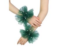 QRBTS uanti senza dita da donna in tulle a rete, guanti corti con perle e maniche in pizzo, per matrimoni, balli nuziali, verde scuro, taglia unica