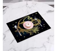QRFASFZO Set di 6 Tovagliette Americana Plastica Lavabili, antiscivolo, lavabili, in PVC, resistenti al calore,Psichedelico, Luna crescente con piume boho, design alchemico e magico del mito,45x30cm