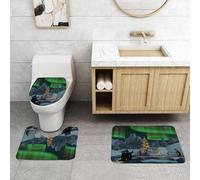 QRFASFZO Set Tappeti Bagno 3 Pezzi in Microfibra, Tappeti Assorbente Antiscivolo,Aurora boreale, pinguini su un lago ghiacciato con albero di Natale del circolo polare artico,Tappetini Doccia