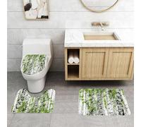 QRFASFZO Set Tappeti Bagno 3 Pezzi in Microfibra, Tappeti Assorbente Antiscivolo,Bosco, betulle nella foresta, fauna selvatica estiva, immagine a tema natura, blu, marrone chia,Tappetini Doccia