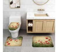QRFASFZO Set Tappeti Bagno 3 Pezzi in Microfibra, Tappeti Assorbente Antiscivolo,Campo di papaveri rossi retrò, fiori di papavero rosso brillante su tutto il paesaggio in fiore,Tappetini Doccia