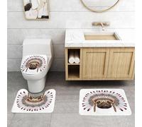 QRFASFZO Set Tappeti Bagno 3 Pezzi in Microfibra, Tappeti Assorbente Antiscivolo, Carlino, ritratto di un cane come un nativo con copricapo da guerra, illustrazione disegnata a,Tappetini Doccia