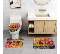 QRFASFZO Set Tappeti Bagno 3 Pezzi in Microfibra, Tappeti Assorbente Antiscivolo,Casa di fiori ad acquerello, alberi autunnali insieme al lago Fall a Ju,Tappetini Doccia