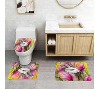 QRFASFZO Set Tappeti Bagno 3 Pezzi in Microfibra, Tappeti Assorbente Antiscivolo,Coniglio tra i fiori. Illustrazione ad acquerello disegnata a mano. Sfondo con conigli. sizione,Tappetini Doccia