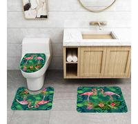QRFASFZO Set Tappeti Bagno 3 Pezzi in Microfibra, Tappeti Assorbente Antiscivolo,Coppia di fenicotteri rosa. Fiori di camelia dai colori vivaci. Foglie verdi di Monstera Philod,Tappetini Doccia