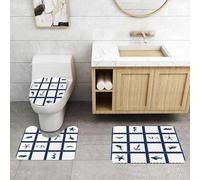 QRFASFZO Set Tappeti Bagno 3 Pezzi in Microfibra, Tappeti Assorbente Antiscivolo,Corda di nave da yacht blu navy come cornice con immagine di stelle marine, pesci e ancora, blu,Tappetini Doccia