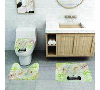 QRFASFZO Set Tappeti Bagno 3 Pezzi in Microfibra, Tappeti Assorbente Antiscivolo,Decorazione orientale, ventaglio di giada con disegno intricato e poesia, circondato da bambù e,Tappetini Doccia