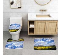 QRFASFZO Set Tappeti Bagno 3 Pezzi in Microfibra, Tappeti Assorbente Antiscivolo,Decorazione toscana, paesaggio di un antico villaggio italiano con prati e nuvole, stile rurale,Tappetini Doccia