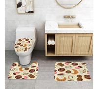 QRFASFZO Set Tappeti Bagno 3 Pezzi in Microfibra, Tappeti Assorbente Antiscivolo,Deliziosi biscotti al cioccolato colorati, ciambelle e tazze di caffè con motivo giallo chiaro,Tappetini Doccia