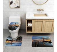 QRFASFZO Set Tappeti Bagno 3 Pezzi in Microfibra, Tappeti Assorbente Antiscivolo,Faro al crepuscolo, un faro a strisce che brilla come un lago sotto un lago al crepuscolo,Tappetini Doccia