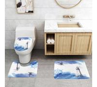 QRFASFZO Set Tappeti Bagno 3 Pezzi in Microfibra, Tappeti Assorbente Antiscivolo,faro con paesaggio marino all'orizzonte con un illustrazione vettoriale,Tappetini Doccia