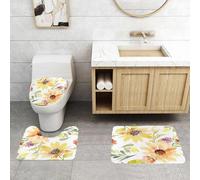 QRFASFZO Set Tappeti Bagno 3 Pezzi in Microfibra, Tappeti Assorbente Antiscivolo,Fiore acquerello, girasoli estivi color pastello con foglie11,Tappetini Doccia