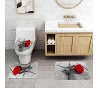 QRFASFZO Set Tappeti Bagno 3 Pezzi in Microfibra, Tappeti Assorbente Antiscivolo,Fiore di rosa rossa su pavimento in legno grigio Legno Romanticismo Amore Romantico,Tappetini Doccia