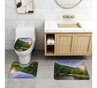 QRFASFZO Set Tappeti Bagno 3 Pezzi in Microfibra, Tappeti Assorbente Antiscivolo,fiume che scorre tra montagne verdi attraverso la foresta al tramonto,Tappetini Doccia