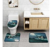 QRFASFZO Set Tappeti Bagno 3 Pezzi in Microfibra, Tappeti Assorbente Antiscivolo,Il lupo è in piedi su una roccia sotto la luna piena, Il maestoso lupo al chiaro di luna, I lup,Tappetini Doccia