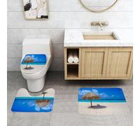 QRFASFZO Set Tappeti Bagno 3 Pezzi in Microfibra, Tappeti Assorbente Antiscivolo,Immagine di un paradiso caraibico in riva al mare, ombrellone e sedia in una giornata di sole i,Tappetini Doccia