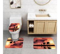 QRFASFZO Set Tappeti Bagno 3 Pezzi in Microfibra, Tappeti Assorbente Antiscivolo,La famiglia di elefanti passeggia in riva all'acqua, Tramonto spettacolare, elefanti sotto il c,Tappetini Doccia