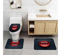 QRFASFZO Set Tappeti Bagno 3 Pezzi in Microfibra, Tappeti Assorbente Antiscivolo,Labbra rosse su sfondo nero con denti prominenti che evocano un'atmosfera strana,Tappetini Doccia