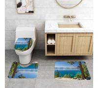 QRFASFZO Set Tappeti Bagno 3 Pezzi in Microfibra, Tappeti Assorbente Antiscivolo,Lago, prospettiva panoramica dalla sponda orientale del lago con pini e riflessi Immagine, verd,Tappetini Doccia
