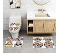 QRFASFZO Set Tappeti Bagno 3 Pezzi in Microfibra, Tappeti Assorbente Antiscivolo,L'arte scheletrica, un insieme di teschi colorati con motivi floreali e simbolici, celebra la t,Tappetini Doccia