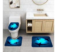 QRFASFZO Set Tappeti Bagno 3 Pezzi in Microfibra, Tappeti Assorbente Antiscivolo,Luce blu subacquea, la sagoma dello squalo circonda lo sfondo blu radioso, evocando il mistero,Tappetini Doccia